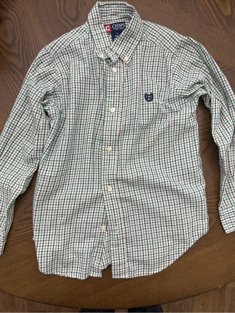 Chaps Boys Green and White Plaid Button-Down Shirt